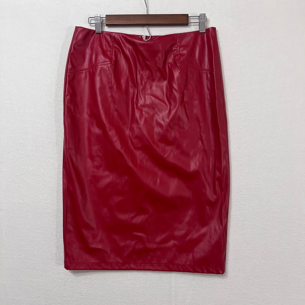 Festive Chic Red Faux Leather Pencil Skirt Midi Length Back Zip Women's Sz S/M - Picture 2 of 9